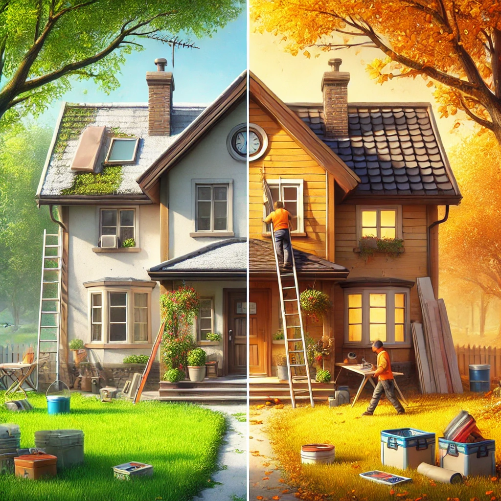 A cozy home under renovation with seasonal transition from spring to fall, showing workers repairing the roof and painting the exterior.